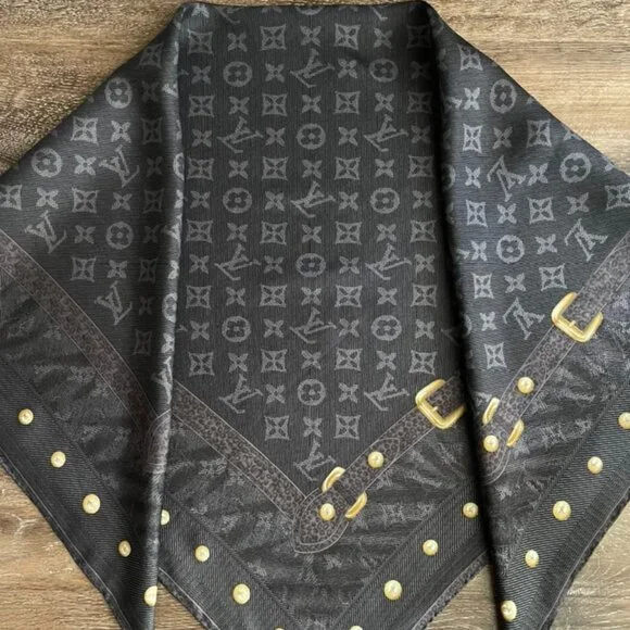 Louis Vuitton Scarf Monogram Denim Blask Gray Square Silk Wrap - Picture 3 of 16